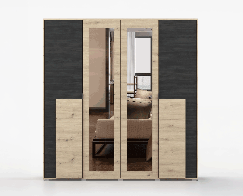 Armadio 4 ante battenti Apuseni 01 | Rovere Artisan & Pino norvegese | 208 x 200 x 65 cm | 14 scomparti