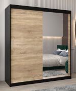 Armadio scorrevole con specchio Bisaurin 4C | Nero e rovere Sonoma | 200 x 180 x 62 cm | Design moderno