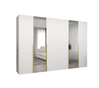 Armadio battente Eiger 104 bianco | Maniglie oro | 2 ante specchio | 4 scomparti | Soft-Close | Larghezza 3 m