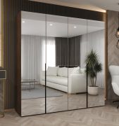 Armadio ad ante battenti "Eiger" 202, color noce, maniglie: nere, 4 ante a specchio, 2 scomparti, 2 barre appendiabiti, Sistema "Soft-Close", larghezza: 2 m