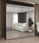 Armadio ad ante battenti "Eiger" 204, color noce, maniglie: oro, 4 ante a specchio, 2 scomparti, 2 barre appendiabiti, Sistema "Soft-Close", larghezza: 2 m