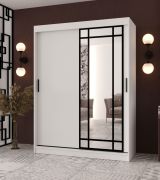 Armadio con ante scorrevoli | Bianco opaco | Anta a specchio decorativa | 150 x 62 x 200 cm | 5 scomparti | 2 aste appendiabiti | Armadio con ante scorrevoli | Design elegante