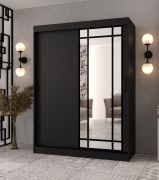Armadio con ante scorrevoli | Nero opaco | Anta a specchio decorativa | 150 x 62 x 200 cm | 5 scomparti | 2 aste appendiabiti | Armadio con ante scorrevoli | Modello elegante