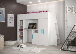 Letto a soppalco bambini Jura 30 | Scrivania integrata | Scale e ampio spazio | Bianco/Turchese | 90 x 200 cm