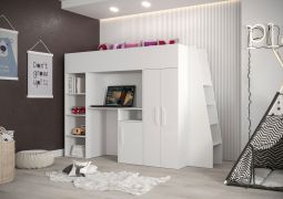 Letto a soppalco Jura 29 bianco | Con scrivania, scale e ampio spazio contenitivo | 90 x 200 cm