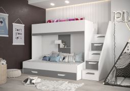 Letto a castello bambini Jura 37 | Bianco/Grigio | Cassetto e scale | 90x200/90x185 cm