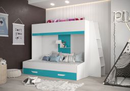 Letto a castello bambini Jura 43 | Scala, cassetto, mensola a muro | Bianco/Turchese | Reti 90x200/90x185 cm