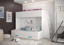 Letto a castello bambini Jura 48 | Bianco/Turchese | Scale, cassetto, mensola | 90x200/90x185 cm