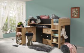 Letto a soppalco con contenitore e scrivania Jura 09 | Rovere Artisan/nero | 125x203x106,5 cm