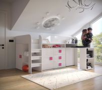 Letto bambini con contenitore e scrivania Jura 58 | Bianco/Rosa | 90x200 cm | Allestibile a specchio | ABS