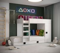 Letto a castello Jura 69 | Cassetto multifunzione | Bianco/Nero | Allestibile a specchio | 90x200 cm, 85x200 cm
