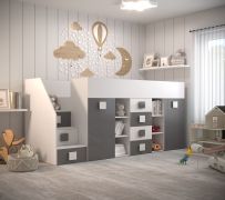 Letto multifunzionale per bambini Jura 73 | Scala sinistra | Bianco/Grigio | 90x200 cm | Design moderno