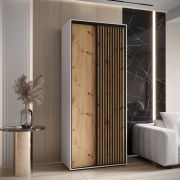 Armadio scorrevole Mina 1,2 m | Bianco e rovere | Maniglie nere | Frontale laminato | Doghe nere