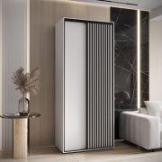 Armadio bianco Mina con ante scorrevoli | Doghe nere | Maniglia acciaio nero | Salvaspazio | 235,2 x 120 x 60 cm