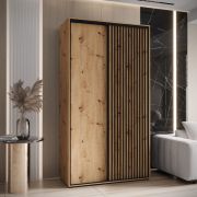 Armadio Mina 1,3 m | Ante scorrevoli salvaspazio | Rovere e dettagli neri | Frontale laminato