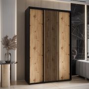 Armadio Mina con ante scorrevoli | Nero e quercia | 235,2 x 160 x 60 cm | Spazzole antipolvere e dettagli in metallo