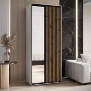 Guardaroba Mina con ante scorrevoli | Specchio integrato | Bianco e quercia | Maniglie nere | 235,2 x 100 x 60 cm
