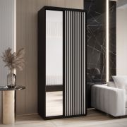 Armadio Mina ante scorrevoli con specchio | Bianco/nero | Salvaspazio | 235,2 x 100 x 60 cm | Ampio spazio contenitivo