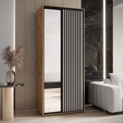 Armadio Mina con specchio | Bianco e rovere | Ante scorrevoli | Maniglia nera | 235,2 x 120 x 60 cm