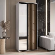 Armadio Mina ante scorrevoli con specchio | Bianco/nero | Maniglie metallo nero | 235,2 x 120 x 60 cm