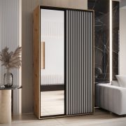 Armadio Mina ante scorrevoli con specchio | Rovere e bianco | Maniglie nere | 235,2 x 130 x 60 cm