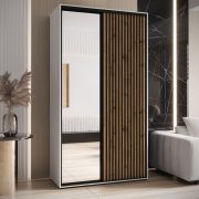 Armadio Mina ante scorrevoli con specchio | Bianco e rovere | Maniglie nere | 235,2 x 130 x 60 cm | Spazzole antipolvere
