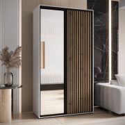Armadio Mina con specchio | Bianco e rovere | Ampio spazio salvaspazio | Maniglie metallo nero | 235,2 x 140 x 60 cm