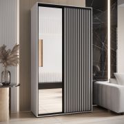 Armadio scorrevole Mina bianco con specchio | Maniglia nera | Ampio spazio | Salvaspazio | 235,2 x 140 x 60 cm