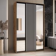 Armadio a specchio Mina 1,5 m | Ante scorrevoli bianco/quercia | Maniglie nere | Salvaspazio elegante