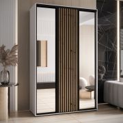 Armadio Mina ante scorrevoli con specchio | Bianco/Nero | Maniglie metallo nero | 235,2 x 150 x 60 cm