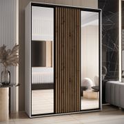 Armadio Mina con ante scorrevoli e specchio | Bianco e quercia | Spazzole antipolvere | 235,2 x 180 x 60 cm | Ampia capacità