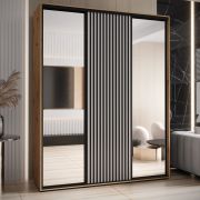 Armadio Mina ante scorrevoli con specchio | Bianco e rovere | Maniglia nera | 235,2 x 190 x 60 cm