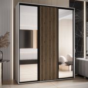 Armadio Mina con specchio | Bianco e rovere | Ampio spazio | Ante scorrevoli | 235,2 x 200 x 60 cm | Maniglie nere