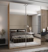 Armadio ad ante scorrevoli "Tampa", color rovere Artisan, 2 ante scorrevoli, 11 scomparti, 2 barre appendiabiti, 1 specchio, Sistema "Soft-Close", 245,5 x 200 x 64 cm