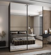 Armadio ad ante scorrevoli "Tampa", nero, 2 ante scorrevoli, 11 scomparti, 2 barre appendiabiti, 1 specchio, Sistema "Soft-Close", 245,5 x 200 x 64 cm