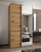 Armadio ad ante scorrevoli "Tampa", color rovere Artisan, 2 ante scorrevoli, 6 scomparti, 2 barre appendiabiti, 1 specchio, Sistema "Soft-Close", 245,5 x 140 x 64 cm