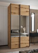 Armadio ad ante scorrevoli "Tampa", color rovere Artisan, 2 ante scorrevoli, 6 scomparti, 2 barre appendiabiti, 1 specchio, Sistema "Soft-Close", 245,5 x 110 x 64 cm