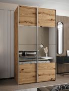 Armadio ad ante scorrevoli "Tampa", color rovere Artisan, 2 ante scorrevoli, 6 scomparti, 2 barre appendiabiti, 1 specchio, Sistema "Soft-Close", 245,5 x 130 x 64 cm