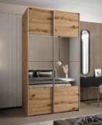 Armadio ad ante scorrevoli "Tampa", color rovere Artisan, 2 ante scorrevoli, 6 scomparti, 2 barre appendiabiti, 1 specchio, Sistema "Soft-Close", 245,5 x 140 x 64 cm