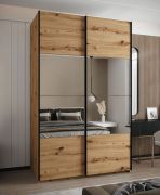 Armadio ad ante scorrevoli "Tampa", color rovere Artisan, 2 ante scorrevoli, 6 scomparti, 2 barre appendiabiti, 1 specchio, Sistema "Soft-Close", 245,5 x 150 x 64 cm