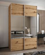 Armadio ad ante scorrevoli "Tampa", color rovere Artisan, 2 ante scorrevoli, 6 scomparti, 2 barre appendiabiti, 1 specchio, Sistema "Soft-Close", 245,5 x 150 x 64 cm