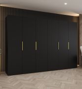 Armadio a battente Korab 52 nero | Maniglie oro | 4 scomparti | 4 barre appendiabiti | 3 m larghezza | Sistema Soft-Close