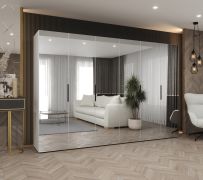Armadio a battente Korab 157 | Bianco 3 metri | 6 ante specchio | Soft-Close | Maniglie nere