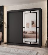 Armadio con ante scorrevoli / Armadio guardaroba | Nero opaco | 10 scomparti | 2 aste appendiabiti | 200 x 62 x 200 cm | Anta a specchio decorativa | Per camera da letto