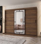 Armadio / Armadio con ante scorrevoli | Colore: noce Warmia | 10 scomparti | 2 aste appendiabiti | Lavorazione di alta qualità | 250 x 62 x 200 cm | Anta a specchio decorativa