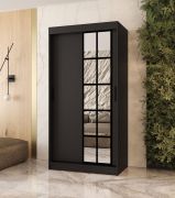 Armadio | Nero opaco | 5 ripiani | 2 aste appendiabiti | Lavorazione di alta qualità | Modello stretto | 100 x 62 x 200 cm | Armadio con ante scorrevoli | Anta a specchio decorativa