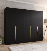 Armadio ad ante battenti "Rida" 04, nero, maniglie: oro, 5 ante, 3 scomparti, 3 barre appendiabiti, Sistema "Soft-Close", bordi in ABS, 250 x 52 x 202 cm