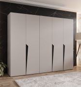 Armadio ad ante battenti "Rida" 04, color cashmere, maniglie: nere, 5 ante, 3 scomparti, 3 barre appendiabiti, Sistema "Soft-Close", bordi in ABS, 250 x 52 x 202 cm