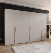 Armadio ad ante battenti "Rida" 06, color cashmere, maniglie: oro, 3 scomparti, 3 barre appendiabiti, Sistema "Soft-Close", bordi in ABS, 300 x 52 x 202 cm