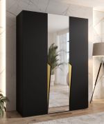Armadio ad ante battenti "Rida" 08, nero, maniglie: oro, 3 ante di cui 1 a specchio, 2 scomparti, 2 barre appendiabiti, Sistema "Soft-Close", bordi in ABS, 150 x 52 x 202 cm